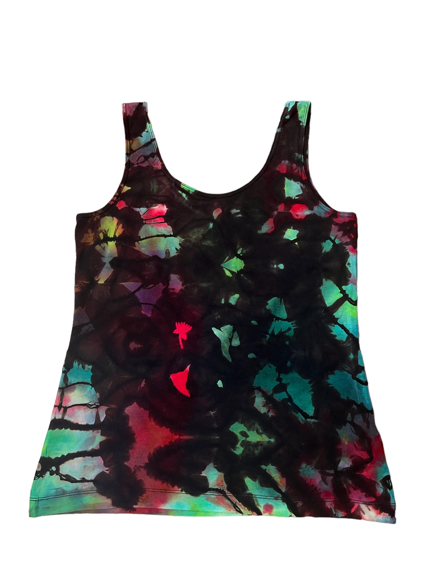 Felina Hand Tie Dye Black Red and Green Tank Top Women | Size XL| Great Layer Tee To Wear Along | Gift For Her | Women's Clothing | Front